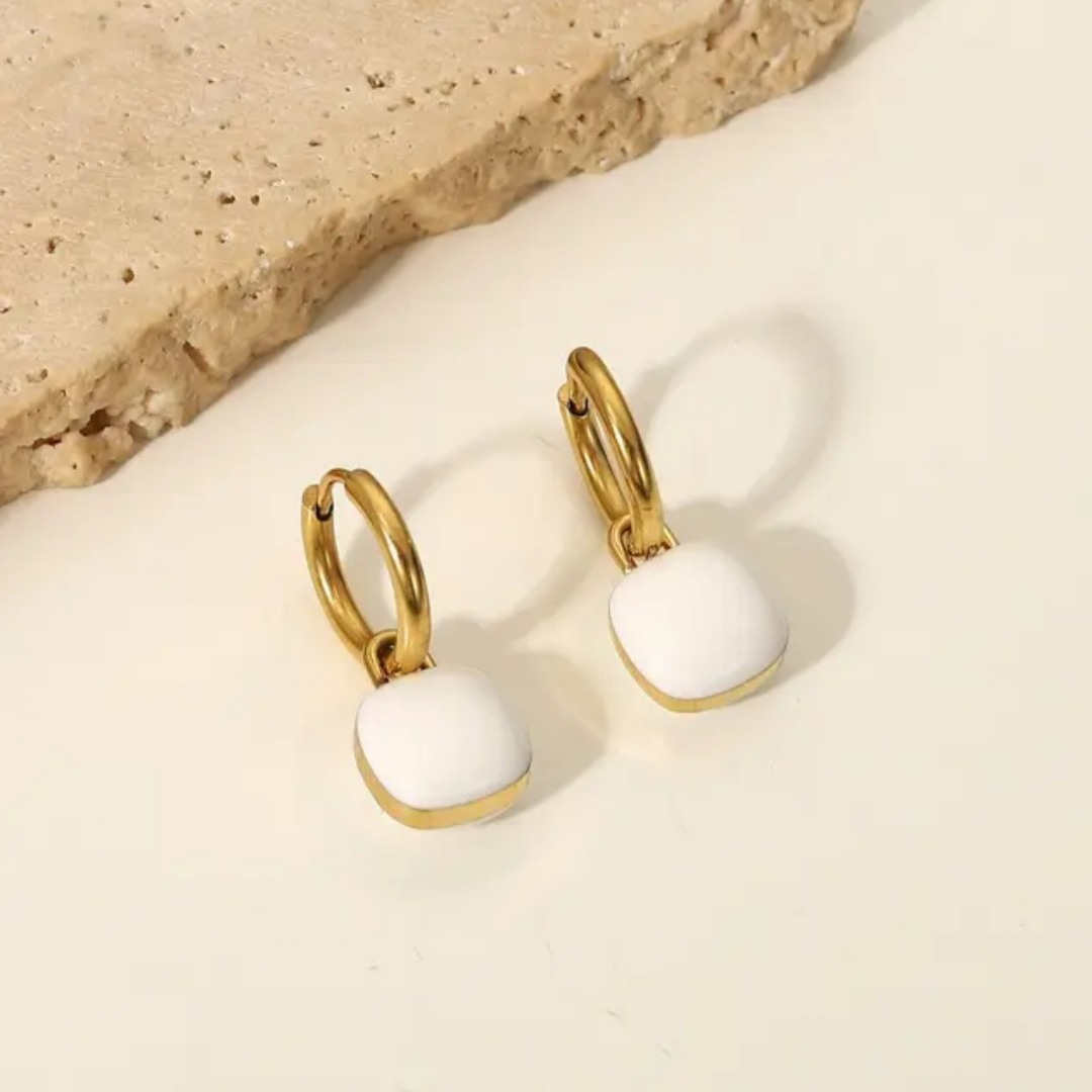 White Enamel Square Pendant Earrings